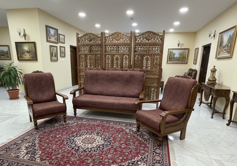 Classic Wooden Sofa Set (3+1+1) with Premium Maroon Fabric Upholstery - Image 3